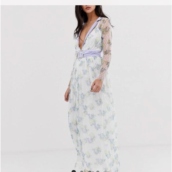 DUSTY DAZE lace plunge midi dress with lavender waist belt - Picture 1 of 4